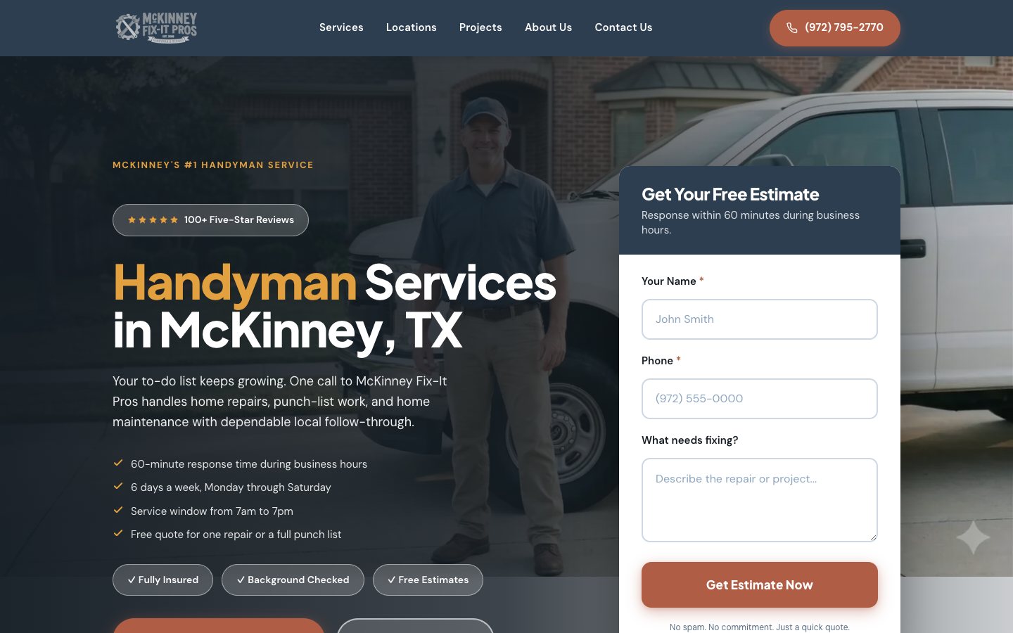McKinney Fix-It Pros homepage hero and estimate form